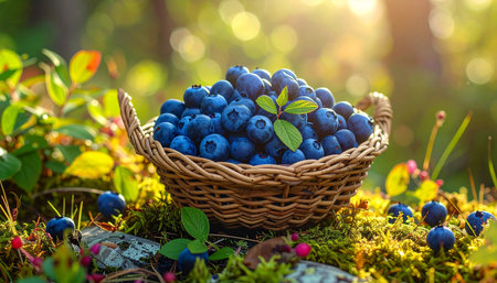 Basket with fresh ripe blueberries on the moss in the forestの素材