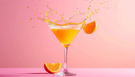 Splash of orange juice in a martini glass on pink backgroundの素材