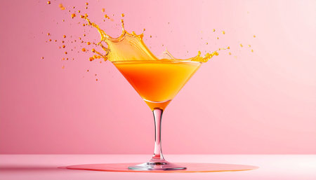 Orange juice splash in a glass on pink background. 3d renderingの素材