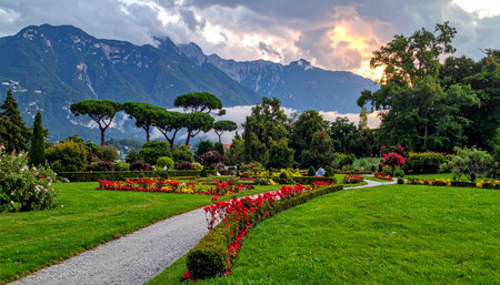 park with flowers at dawnの素材