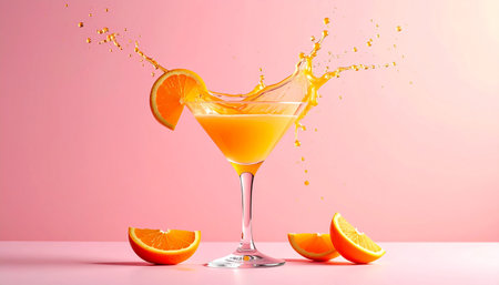 Orange juice splash in martini glass with slice of orange on pink backgroundの素材