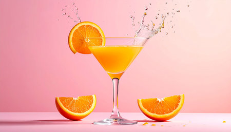 Orange juice splash in martini glass on pink background with slice of orangeの素材