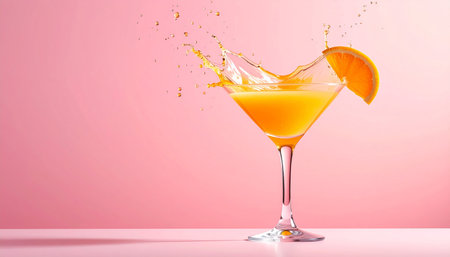 Orange juice splash in martini glass on pink background. 3d renderingの素材