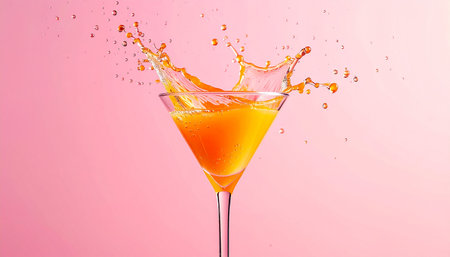 Orange cocktail with splash on pink background. Cocktail in martini glassの素材