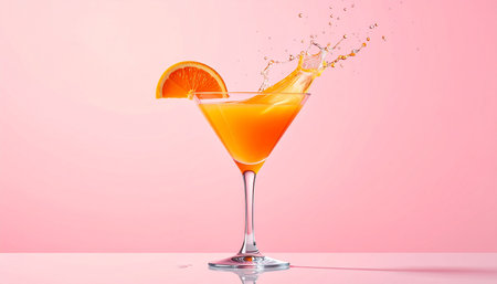 Orange juice splash in a martini glass on a pink background.の素材
