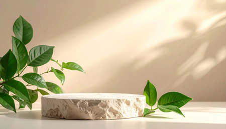 3d render of white marble podium with green leaves and shadows.の素材