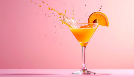 Cocktail with splashes of orange juice on a pink backgroundの素材