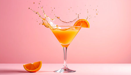 Orange juice splash in martini glass with slice of orange on pink backgroundの素材