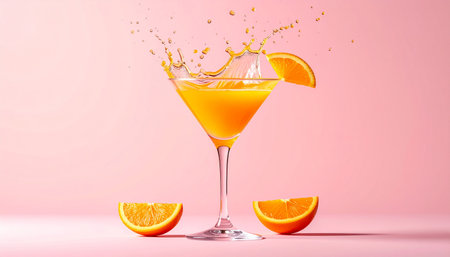 Orange juice splash in glass on pink background. 3d illustration.の素材