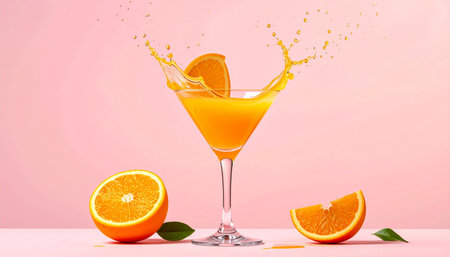 Orange juice splash in glass on pink background. 3d illustration.の素材