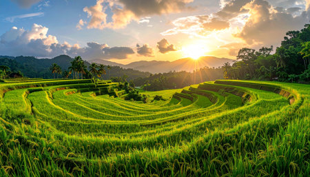 Terraced rice field at sunset in Bali island, Indonesiaの素材