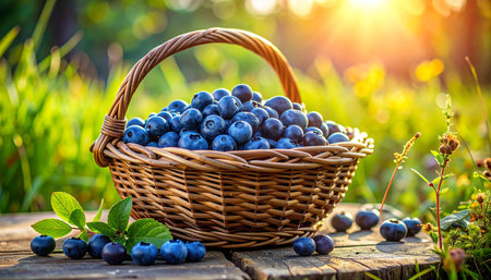 Fresh blueberries in a wicker basket on a wooden table in the gardenの素材