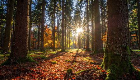 Autumn forest with sun rays shining through the trees and leaves.の素材