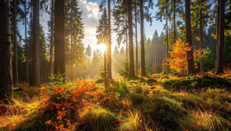 Autumn forest with sun rays shining through the trees. Beautiful landscapeの素材