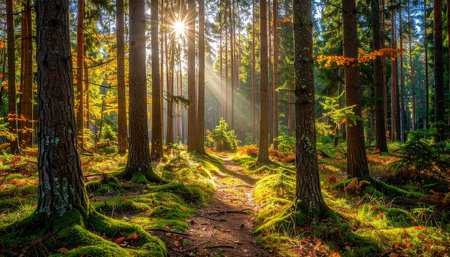 Path in the forest at sunrise. Beautiful autumn landscape with sunbeamsの素材