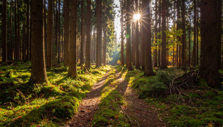 Sunset in the forest. Sun rays through the trees. Beautiful landscape.の素材