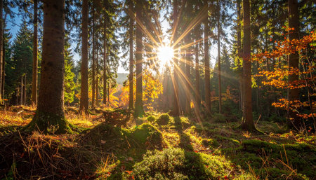 Sunset in the autumn forest. Beautiful nature scenery with sunbeamsの素材