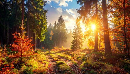 Colorful autumn landscape in the forest. Sunrise in the forest.の素材