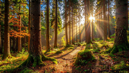 Sunlight in the autumn forest. Beautiful nature scene with sunbeamsの素材