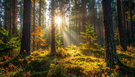 Sunrise in the pine forest. Autumn landscape. Sunlight in the forest.の素材