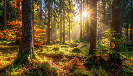 Sunset in the autumn forest. Colorful trees, moss, fern and sunbeamsの素材