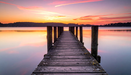 Wooden pier on a lake at sunset with colorful sky and cloudsの素材