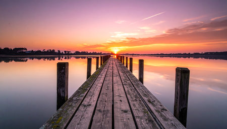 Wooden jetty on a lake at sunset with a beautiful skyの素材