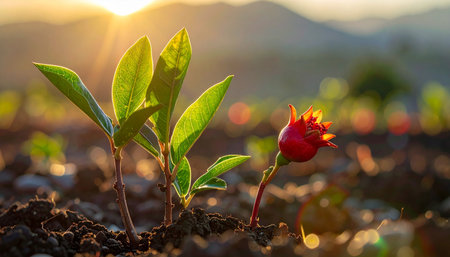 Small seedlings of pepper on the field at sunset. Close-up.の素材