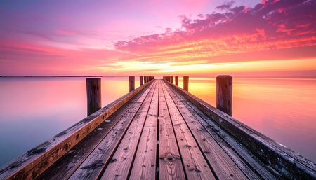Beautiful sunset over the wooden pier at the Baltic Sea in Polandの素材