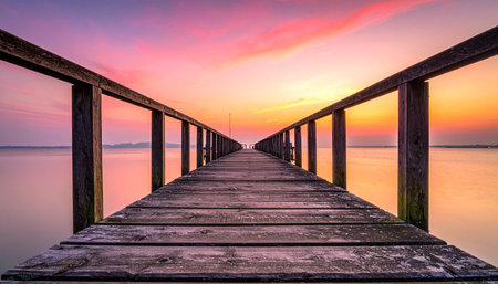 Wooden jetty on a lake at sunset with beautiful sky.の素材