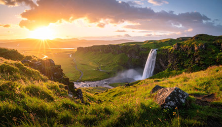 Seljalandsfoss waterfall at sunset, Faroe Islandsの素材