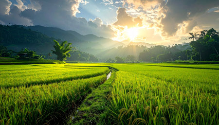 Rice field at sunset in Bali, Indonesia. Beautiful nature background.の素材