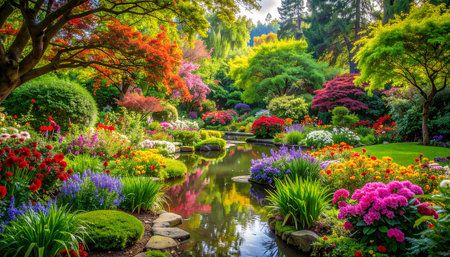 Beautiful spring garden with colorful flowers and pond in the morning.の素材