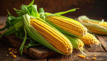 Fresh corn on the cob on a wooden background. Selective focus.の素材