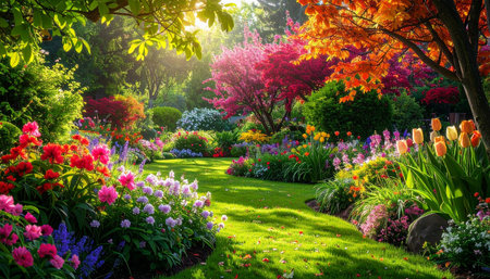 Beautiful spring garden with blooming flowers on a sunny day.の素材