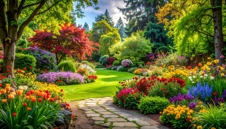 Beautiful spring garden with blooming flowers and path in sunny dayの素材