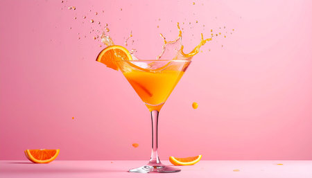 Orange juice splash in a martini glass on a pink background.の素材