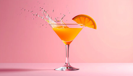 Cocktail with splashes and slice of orange on pink backgroundの素材