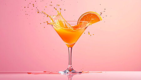 Cocktail with splashes of orange juice and ice cubes on pink backgroundの素材