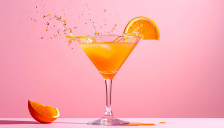 Splash of orange juice in a martini glass on pink backgroundの素材