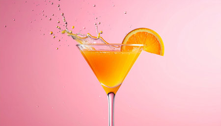 orange juice splash in a martini glass on a pink background.の素材