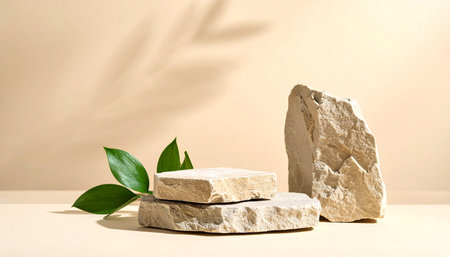 3d render of white stone podium with green leaves on beige backgroundの素材