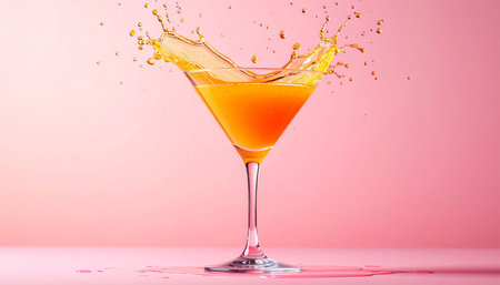 Orange juice splash in a martini glass on a pink background.の素材