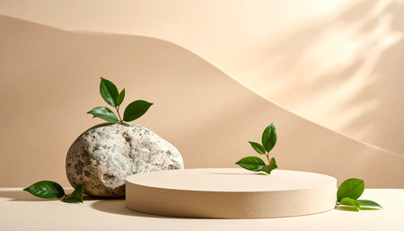 Podium with green leaves and stones on beige background. 3d renderの素材
