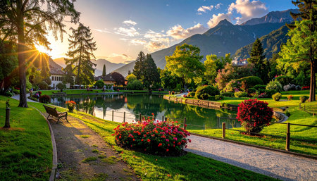 Panoramic view of the lake in the Swiss Alps at sunsetの素材