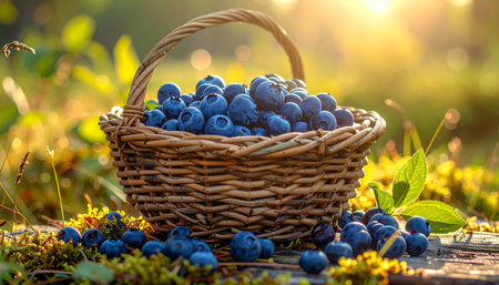 Blueberries in a wicker basket on a wooden table in the forestの素材