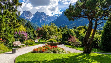 Landscape view of a park with flowers in the foreground, Dolomites, Italyの素材
