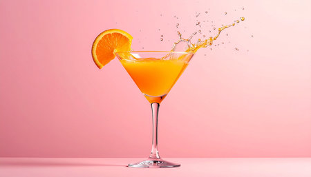 Orange juice splash in a martini glass on a pink background.の素材