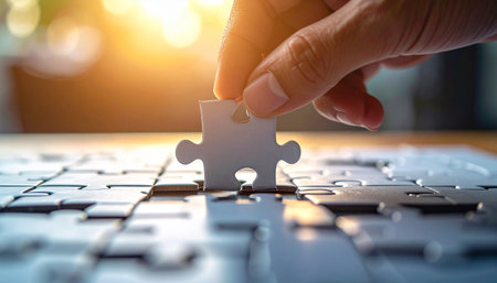 Hand connecting jigsaw puzzle piece. Business solutions, success and strategy conceptの素材