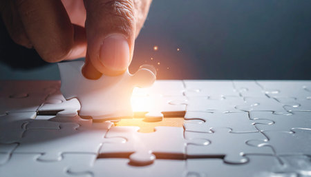 Close up of hand connecting jigsaw puzzle piece. Business solutions conceptの素材